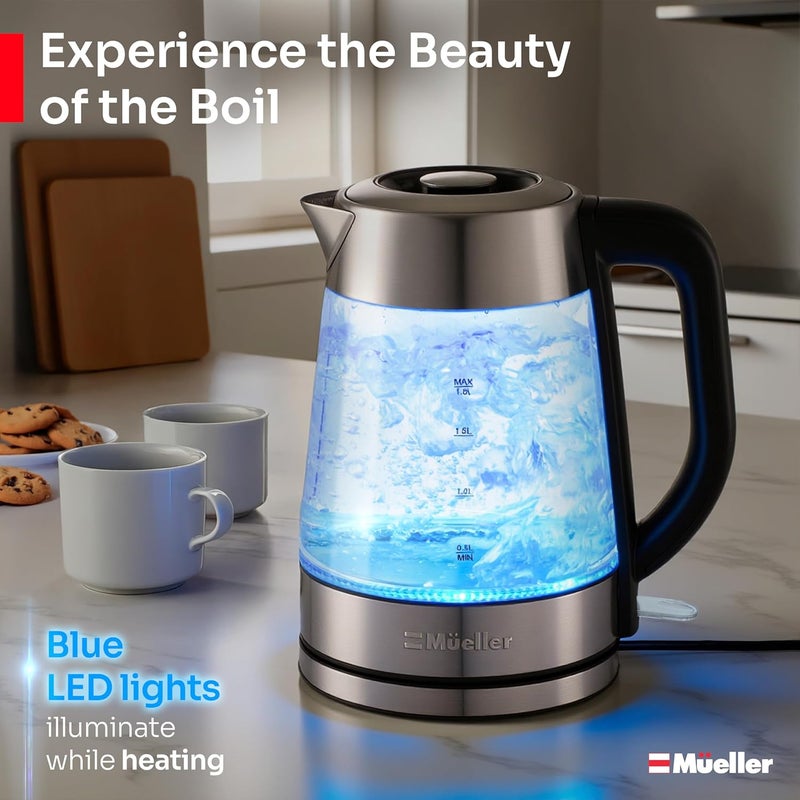 Mueller غلاية كهربائية سريعة الغليان 1.8 لتر – زجاج بوروسيليكات وفولاذ مقاوم للصدأ – غلاية مياه ساخنة خالية من BPA، ضوء LED، إيقاف تلقائي، حماية من الغليان الجاف، سخان مياه سريع – أجهزة المطبخ - Image 5